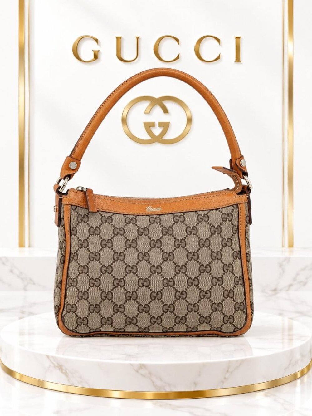 Authentic Gucci GG Supreme Monogram Canvas Shoulder Bag Brown Leather Vintage
